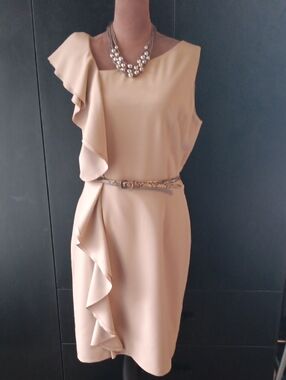 Calvin Klein Tan Sleeveless Ruffle Midi Sheath Dress Belt Included Size 6